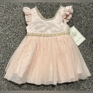 Couture Princess 9M Infant Girl Pastel Peach Dress W/Pearl Details Tulle Bow NWT